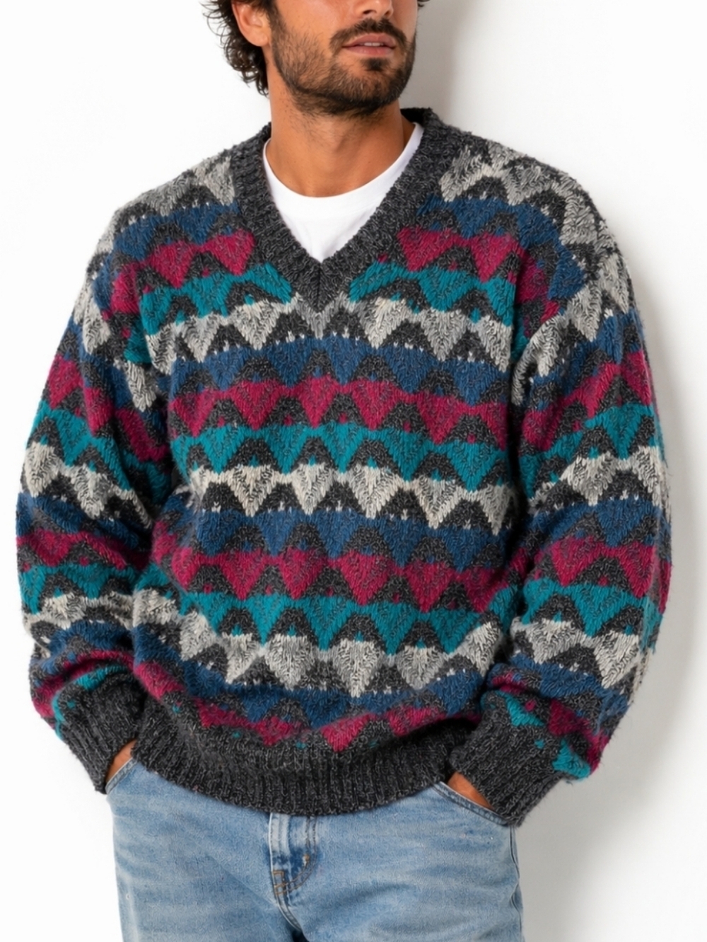 Vintage London Fog Charcoal Multi-Color Knit V-Neck Geometric Pullover Sweater